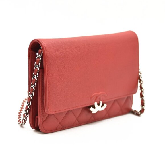 CHANEL Grained Calfskin Quilted CC Box Wallet On Chain WOC Red 27* - Picture 2 of 16